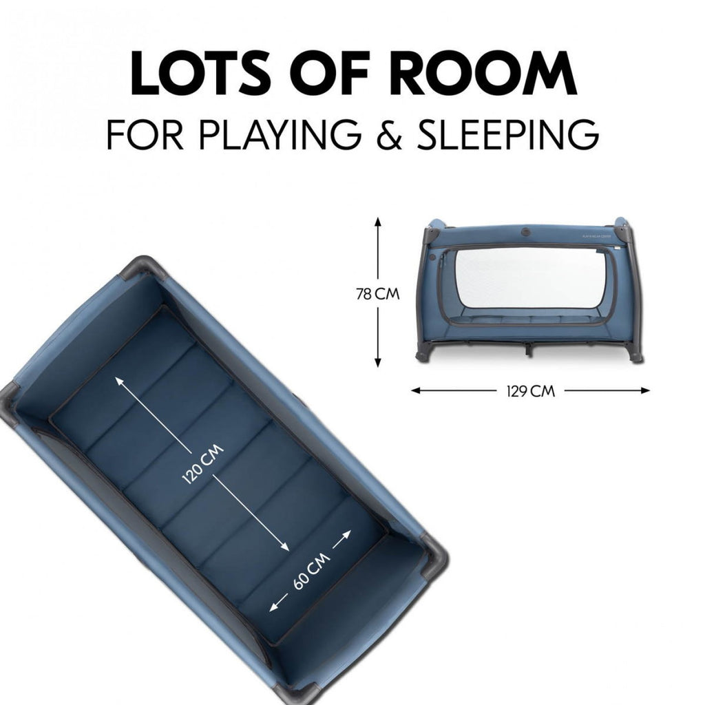 Hauck Play N Relax Centre Children's Travel Bed with Newborn Hanging, Changing Mat, Transport Bag, XL Slip, Small Foldable, Baby Travel Cot, Toddler from Birth to 15 kg (Dark Blue)