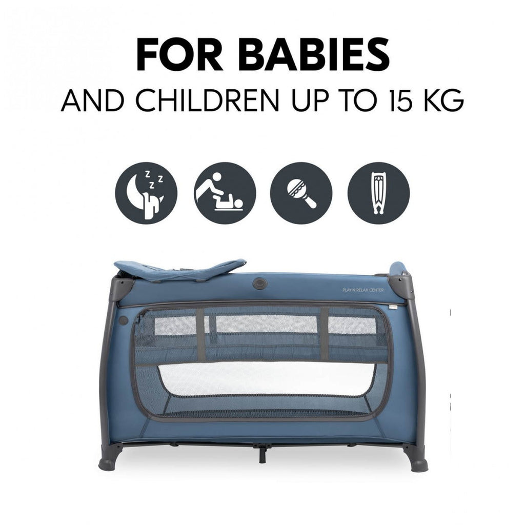 Hauck Play N Relax Centre Children's Travel Bed with Newborn Hanging, Changing Mat, Transport Bag, XL Slip, Small Foldable, Baby Travel Cot, Toddler from Birth to 15 kg (Dark Blue)