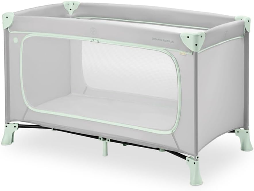 Hauck Dream N Play Plus Travel Cot – Foldable Baby Cot, XL Slip-Through, Mesh Sides, Portable Baby Bed, Travel Bag Included – Dusty Mint