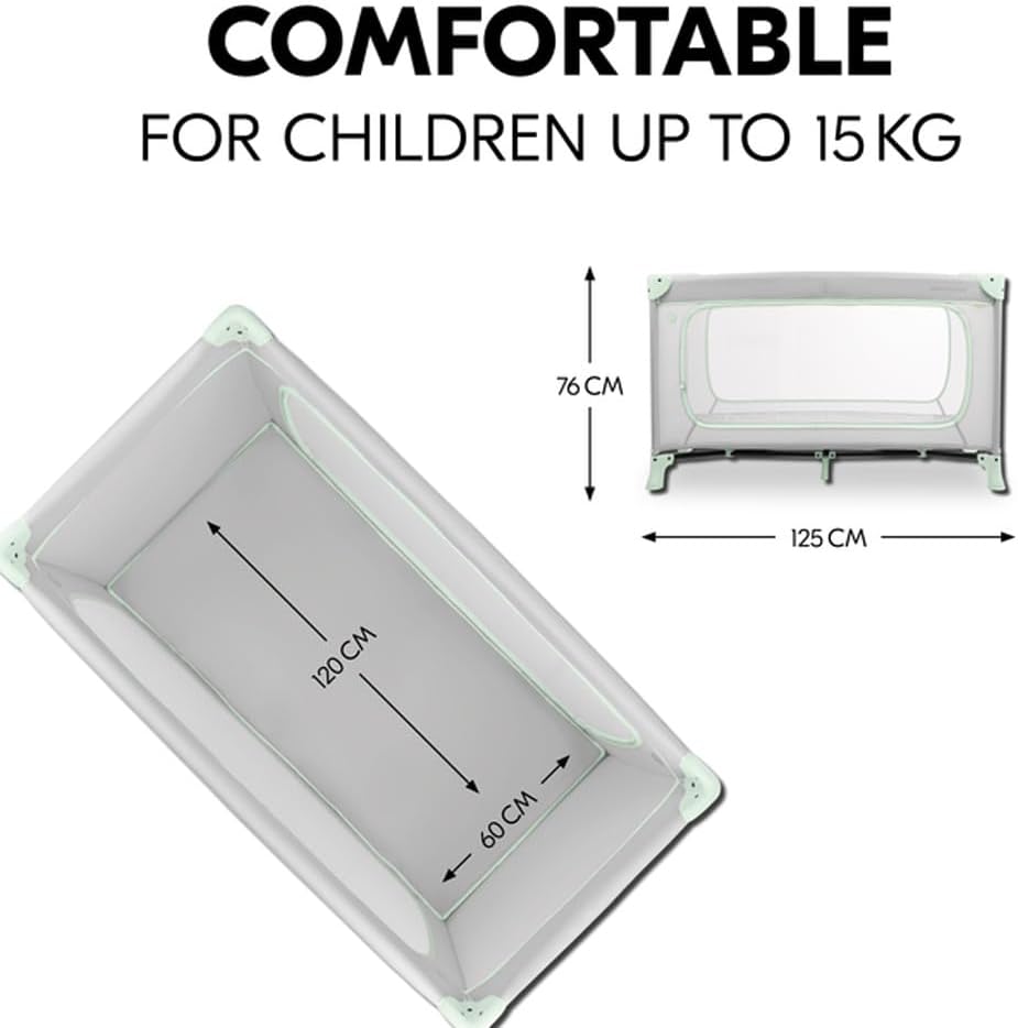 Hauck Dream N Play Plus Travel Cot – Foldable Baby Cot, XL Slip-Through, Mesh Sides, Portable Baby Bed, Travel Bag Included – Dusty Mint