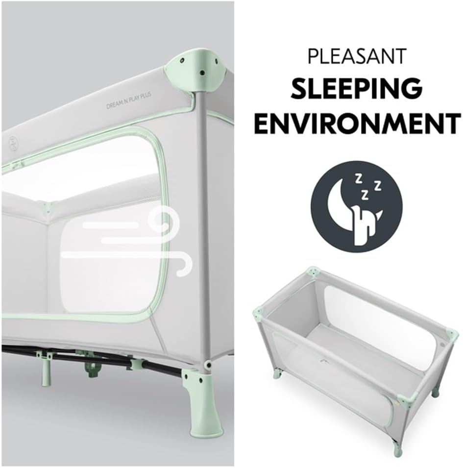 Hauck Dream N Play Plus Travel Cot – Foldable Baby Cot, XL Slip-Through, Mesh Sides, Portable Baby Bed, Travel Bag Included – Dusty Mint