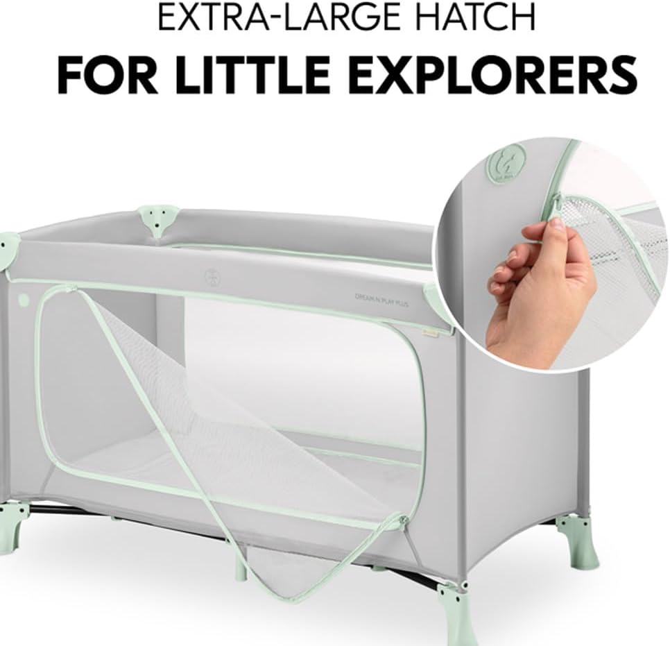 Hauck Dream N Play Plus Travel Cot – Foldable Baby Cot, XL Slip-Through, Mesh Sides, Portable Baby Bed, Travel Bag Included – Dusty Mint