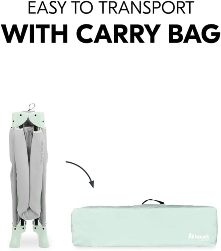 Hauck Dream N Play Plus Travel Cot – Foldable Baby Cot, XL Slip-Through, Mesh Sides, Portable Baby Bed, Travel Bag Included – Dusty Mint