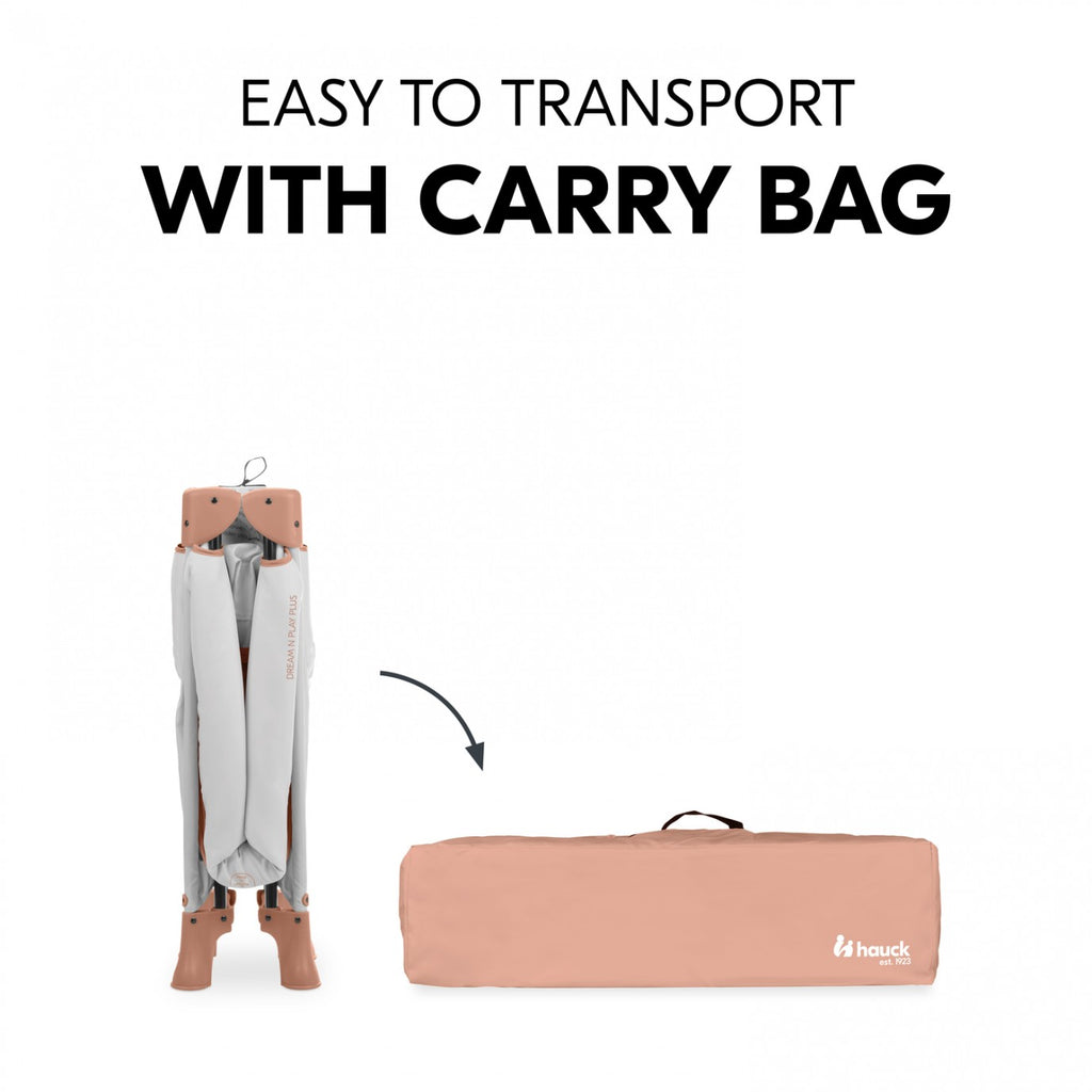 Hauck Dream N Play Plus Travel Cot – Foldable Baby Cot, XL Slip-Through, Mesh Sides, Portable Baby Bed, Travel Bag Included – Dusty Cork