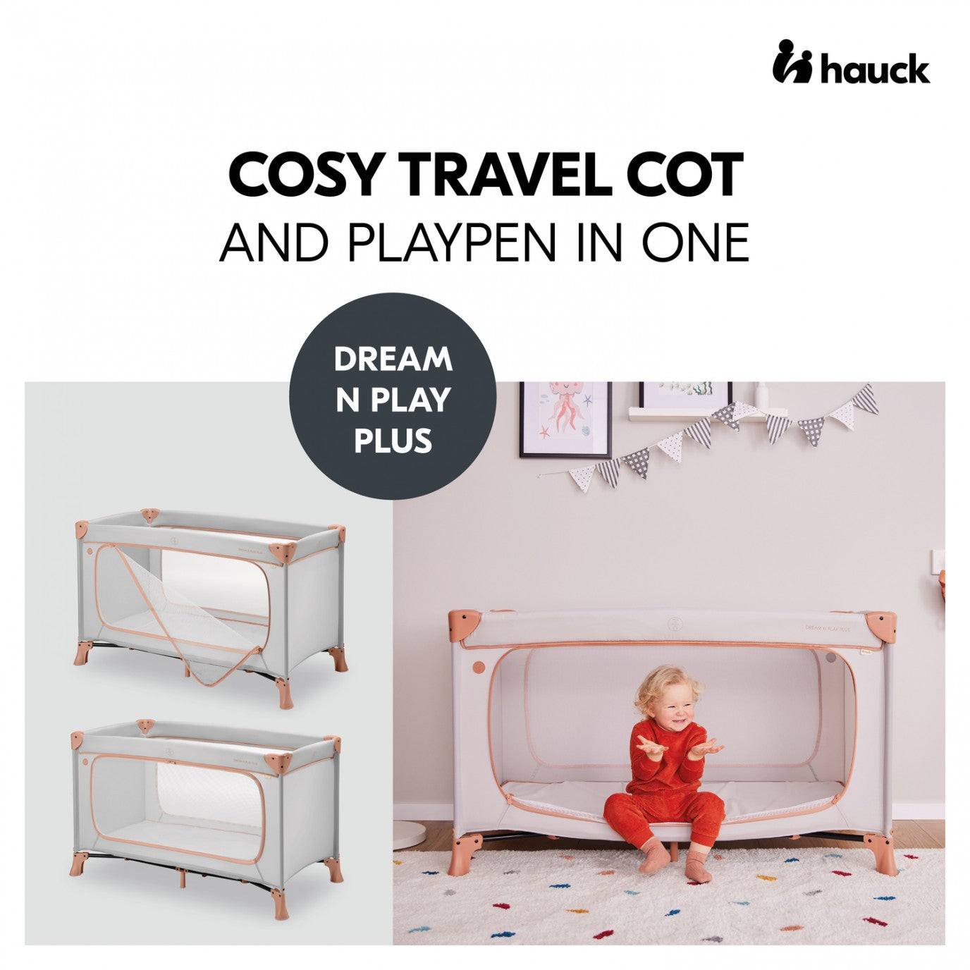 Hauck Dream N Play Plus Travel Cot – Foldable Baby Cot, XL Slip-Through, Mesh Sides, Portable Baby Bed, Travel Bag Included – Dusty Cork