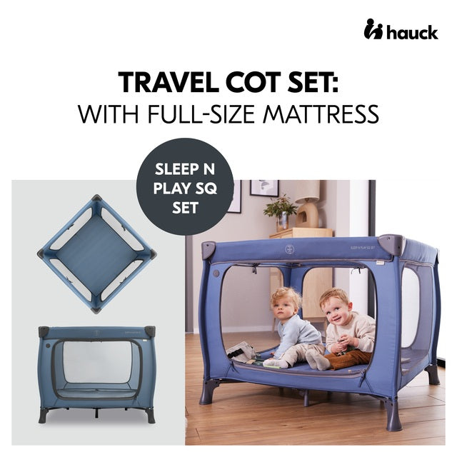 Hauck Sleep N Play SQ Children's Travel Bed & Playpen Set with Mattress 5 cm Thick, Small Foldable, Includes Carry Bag, for Babies & Children from Birth to 15 kg (Dark Blue)