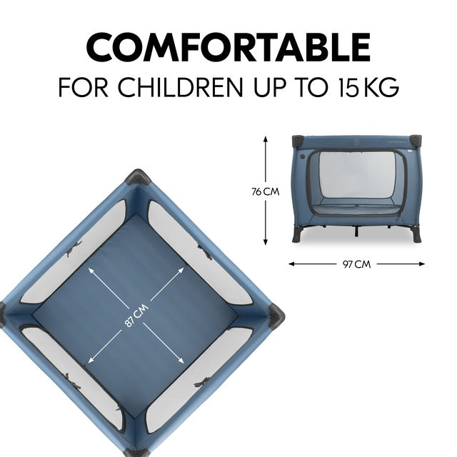 Hauck Sleep N Play SQ Children's Travel Bed & Playpen Set with Mattress 5 cm Thick, Small Foldable, Includes Carry Bag, for Babies & Children from Birth to 15 kg (Dark Blue)