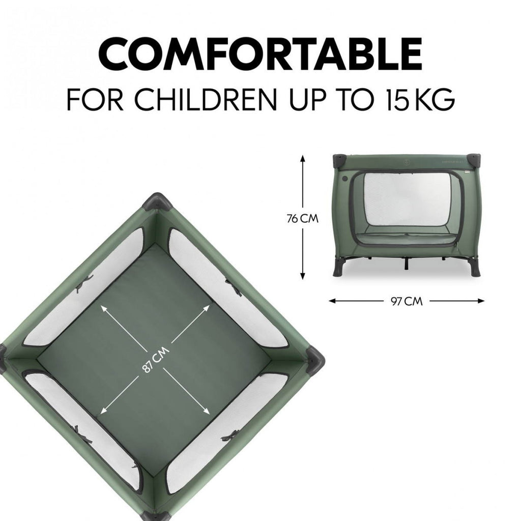 Hauck Sleep N Play SQ Children's Travel Bed & Playpen Set with Mattress 5 cm Thick, Small Foldable, Includes Carry Bag, for Babies & Children from Birth to 15 kg (Dark Green)